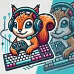 a cartoon squirrel with headphones and a keyboard
