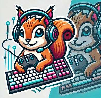 a cartoon squirrel with headphones and a keyboard